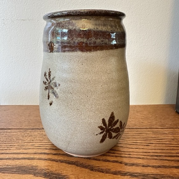 Vintage Hand thrown Pottery Vase Brown Floral Design  7 Inches Tall - Picture 1 of 6